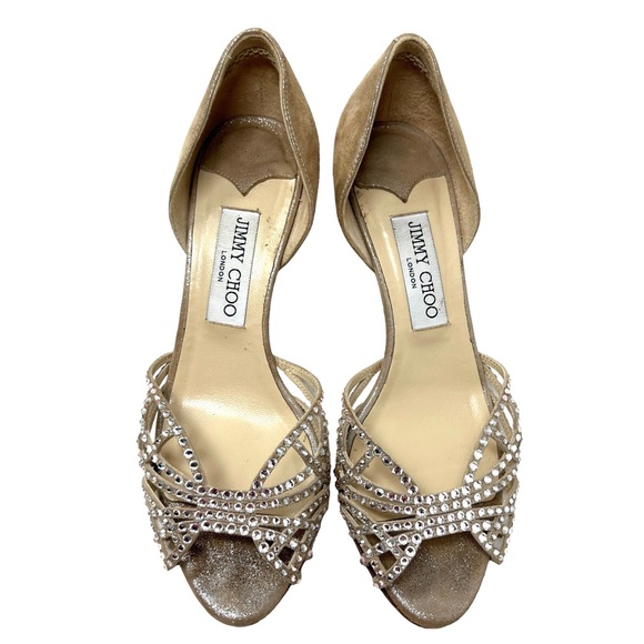Jimmy Choo Rhinestone Cream Tan Silver Shimmer Bling Heels - Picture 5 of 8